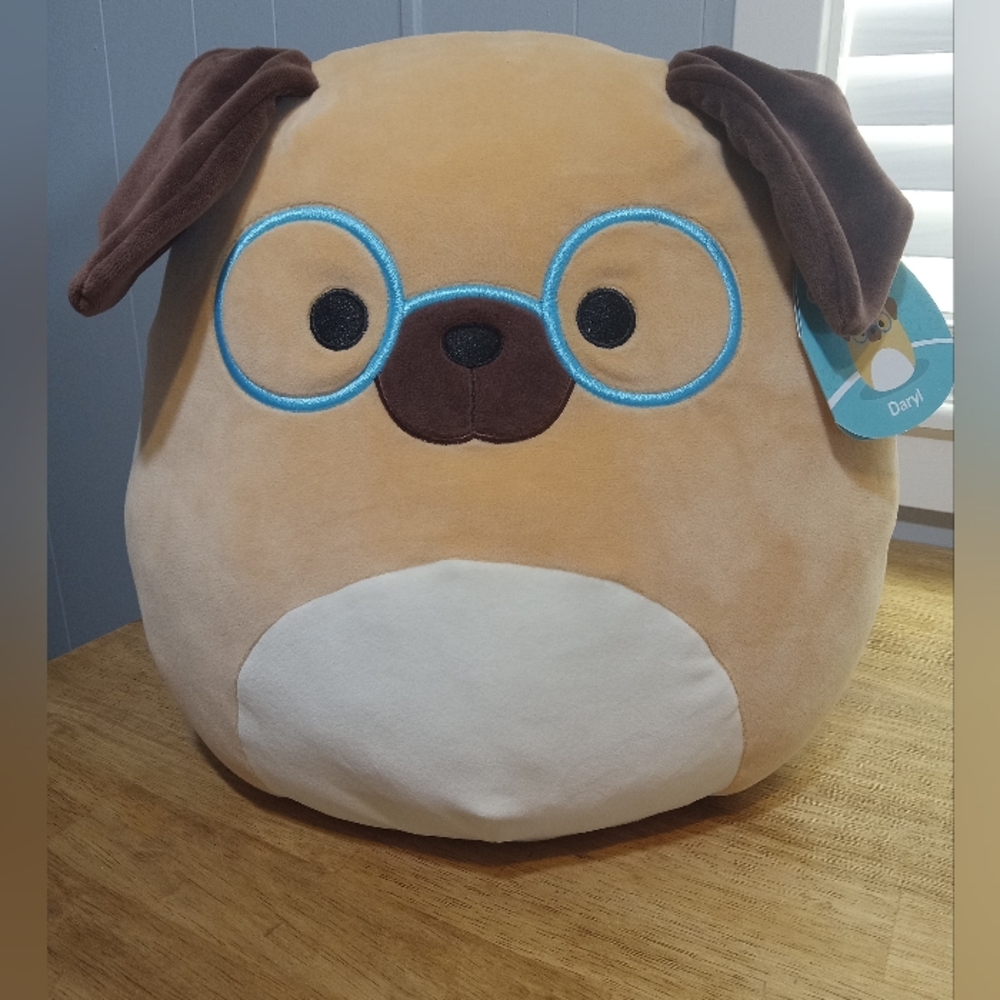 NWT Original Squishmallows Daryl Tan Pug Dog Blue Glasses 12" Tall Plush Pillow